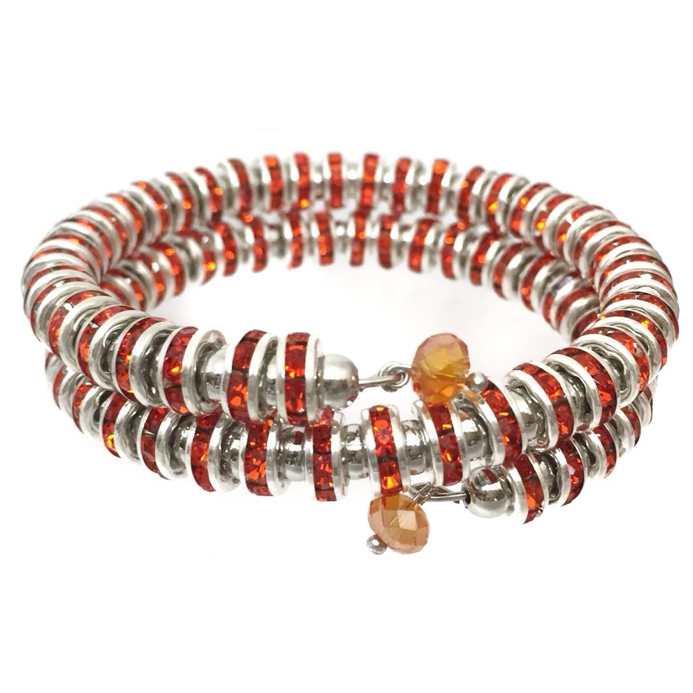 Orange Rhinestone Wrap Around Silver Tone Fancy Bracelet